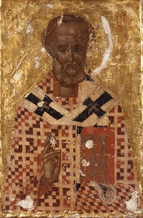 Framed Print : Saint Nicholas, Unknown Artist from East Albania, tempera on wood - Albania, Kora, National Museum of Medioeval Art. Whole artwork view