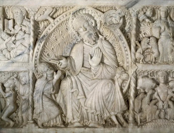 Framed Print : Saint Paul indoctrinating Saint Tecla. 13th c. SPAIN. Tarragona. Cathedral of St. Mary. Altar frontal. Romanesque art. Relief on marble. - J Framed Print : Saint Paul indoctrinating Saint Tecla. 13th c. SPAIN. Tarragona. Cathedral of St. Mary. Altar frontal. Romanesque art. Relief on marble. - J