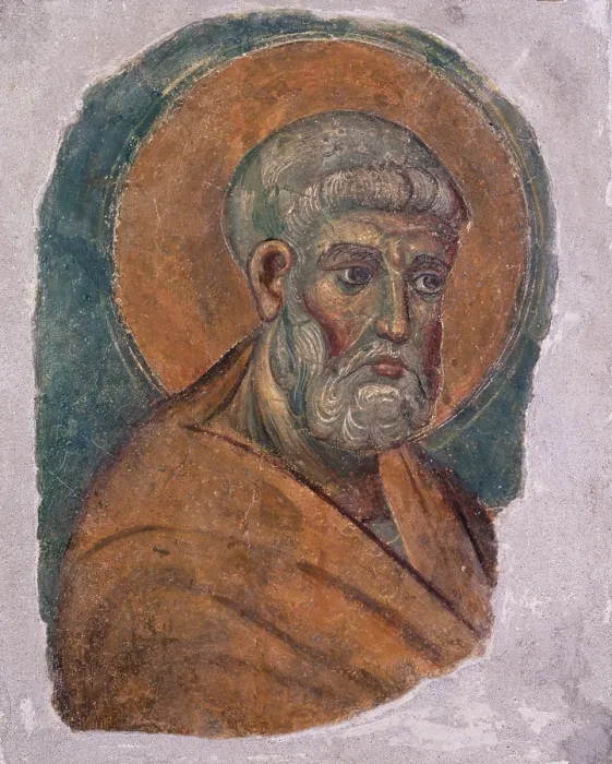 Framed Print : Saint Peter, 1200 - 1300, 13th - 14th Century, torn fresco - Vatican City, Vatican Museums. Whole artwork view. Image with Peter's face with halo. - Vatican Museums