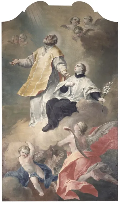 Framed Print : Saint Philip Neri and Saint Luigi Gonzaga, by Biagio Bellotti, 18th century, oil on canvas - Italy, Lombardy, Busto Arsizio, Baptistery. Whole artwork view. Saints in glory