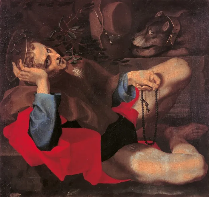 Framed Print : Saint Roch, by Andrea Lilli, 1596, 16th Century, oil on canvas, cm 81 x 86 - Italy, Marche, Pesaro Urbino, Urbino, Marche National Gallery. Antiques market, Rome, 1969. All