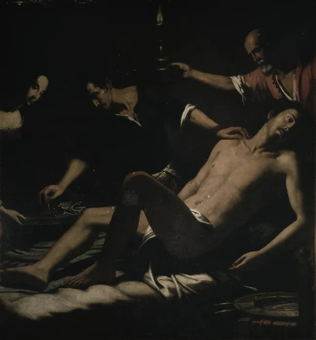 Framed Print : Saint Sebastian attended by Irene, by Giovanni Francesco Guerrieri, 1600 - 1649, 17th Century, oil on canvas - Italy, Lombardy, Milan, Brera Collection. Whole artwork view Framed Print : Saint Sebastian attended by Irene, by Giovanni Francesco Guerrieri, 1600 - 1649, 17th Century, oil on canvas - Italy, Lombardy, Milan, Brera Collection. Whole artwork view