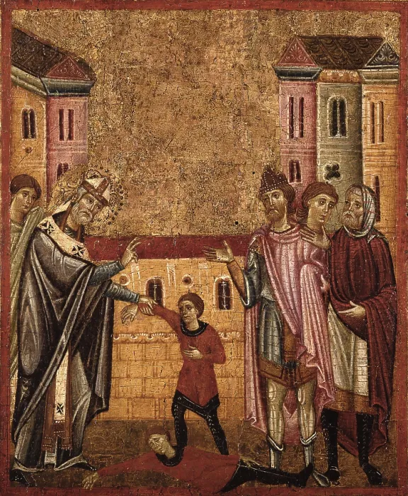 Framed Print : Saint Verano full length between two angels and six stories of his legend, by Unknown Artist from Pisa, 1270, 13th Century, tempera on board - Italy, Lombardy, Milan