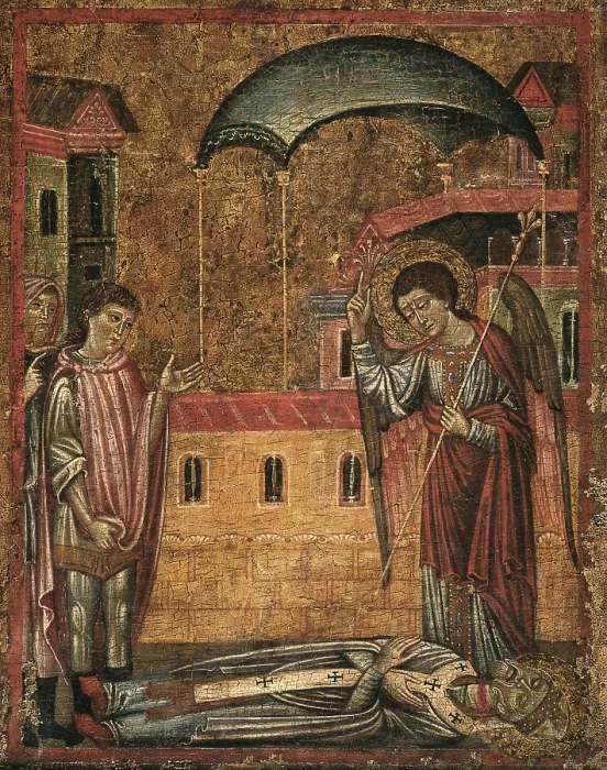 Framed Print : Saint Verano full length between two angels and six stories of his legend, by Unknown Artist from Pisa, 1270, 13th Century, tempera on board - Italy, Lombardy, Milan