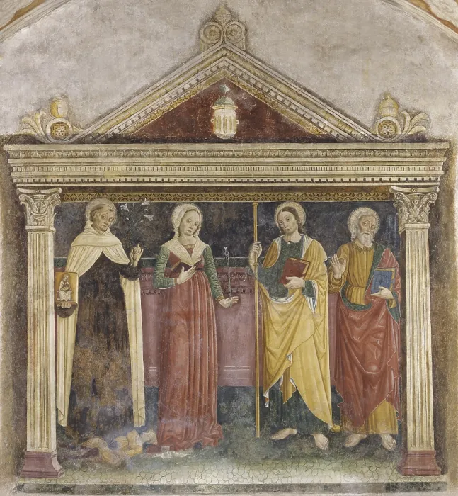 Framed Print : The Saints Alberto, Apollonia, James and Philip, by Paolo da Caylina the Old, 1485, 15th Century, fresco - Italy, Lombardy, Brescia, Church of Saint Mary of the Carmine Framed Print : The Saints Alberto, Apollonia, James and Philip, by Paolo da Caylina the Old, 1485, 15th Century, fresco - Italy, Lombardy, Brescia, Church of Saint Mary of the Carmine