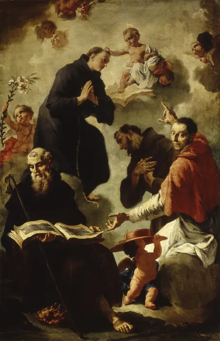 Framed Print : Four Saints, by Francesco Cappella, 18th Century, canvas - Italy, Lombardy, Bergamo, Church of Our Lady of the Spasm. Whole artwork view