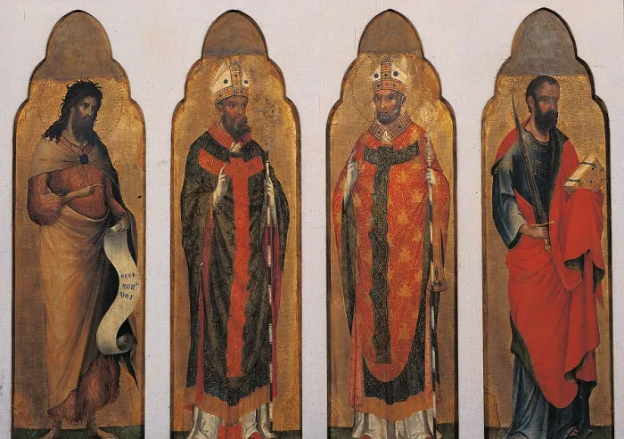 Framed Print : Four Saints, by Paolo Veneziano, 15th Century, board - Italy, Lombardy, Brescia, Tosio Martinengo Civic Library. Whole artwork view. Polyptych with four saints: St Framed Print : Four Saints, by Paolo Veneziano, 15th Century, board - Italy, Lombardy, Brescia, Tosio Martinengo Civic Library. Whole artwork view. Polyptych with four saints: St