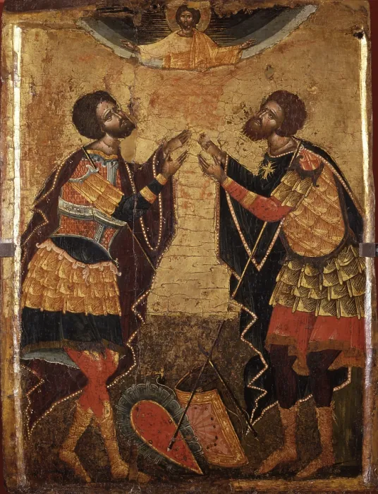 Framed Print : The Saints Theodorus of Tyre and Teodorus Stratilates, attributed to Onufri Qiprioti, begin of the 17th Century, tempera on wood - Albania, Berat, Onufri Museum
