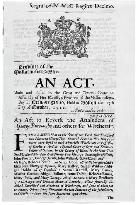 Framed Print : Salem Witch Trials. An act to reverse the attainders of George Burroughs and others of witchcraft