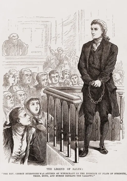 Framed Print : Salem Witch Trials. Puritan Rev. George Burroughs in chains during his trial for witchcraft