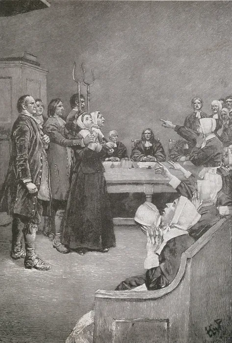 Framed Print : Salem Witch Trials. Two women stand on trial in 1682 with guards, as the accusing girls demonstrate their demonic afflictions