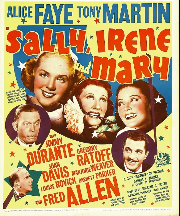 Framed Print : SALLY, IRENE AND MARY, from bottom left: Jimmy Durante, Fred Allen, Alice Faye, Joan Davis, Marjorie Weaver, Tony Martin on window card, 1938