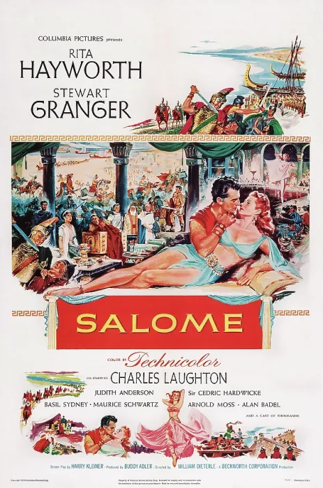 Framed Print : SALOME, US poster, face to face from left: Stewart Granger, Rita Hayworth, 1953