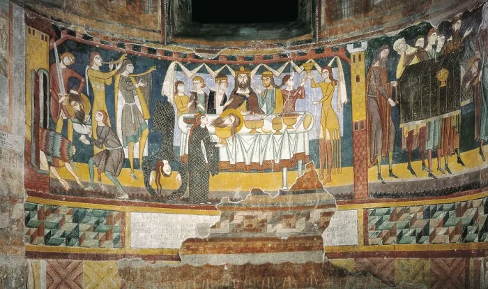 Framed Print : Salom's dance with the head of Saint John the Baptist. 12th c. SWITZERLAND. Mustair. Convent of St. John. Decoration of the apses. Romanesque art. Fresco