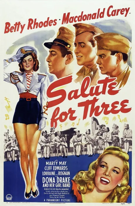 Framed Print : SALUTE FOR THREE, left: Betty Rhodes, top left: Macdonald Carey, top far right: Cliff Edwards, 1943 Framed Print : SALUTE FOR THREE, left: Betty Rhodes, top left: Macdonald Carey, top far right: Cliff Edwards, 1943