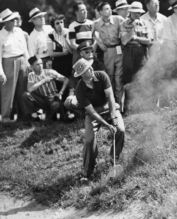Framed Print : Sam Snead makes an iron shot from the side of a sand trap. Snead won the National PGA championship over Johnny Palmer. Richmond, Virginia. May 31, 1949. - (BSLOC_2014_17_181)
