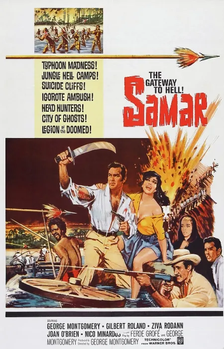 Framed Print : SAMAR, l-r: from left: George Montgomery, Ziva Rodann, Gilbert Roland, Joan O'Brien, Nico Minardos, (back right), poster art, 1962
