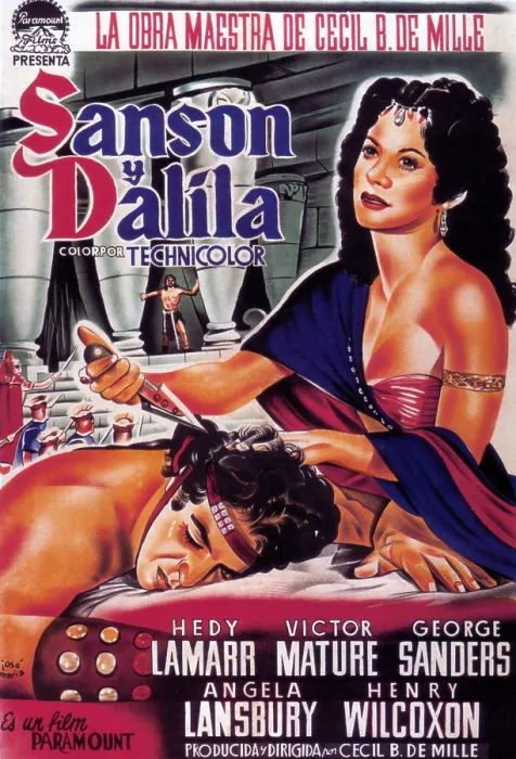 Framed Print : SAMSON AND DELILAH, (aka SANSON Y DALILA), l-r: Victor Mature, Hedy Lamarr on Spanish poster art, 1949