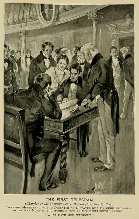 Framed Print : Samuel Morse, tapping out a message on a battery powered device in the Supreme Court Chamber, Washington, DC, on May 24, 1844
