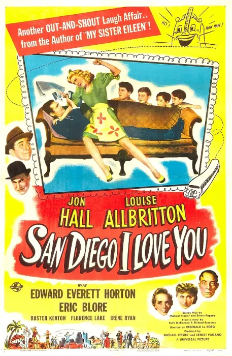 Framed Print : SAN DIEGO I LOVE YOU, US poster, Jon Hall, Louise Allbritton (sofa), behind sofa from left: Rudy Wissler, Donald Davis, Charles Bates, Gerald Perreau