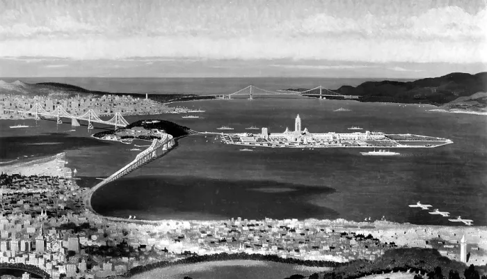 Framed Print : San Francisco Bay site of 1939 Golden Gate Exposition rendered by Chesley Bonestell. Bay Bridge is left, Golden Gate far center.. Courtesy: CSU Archives  /  Everett Collection