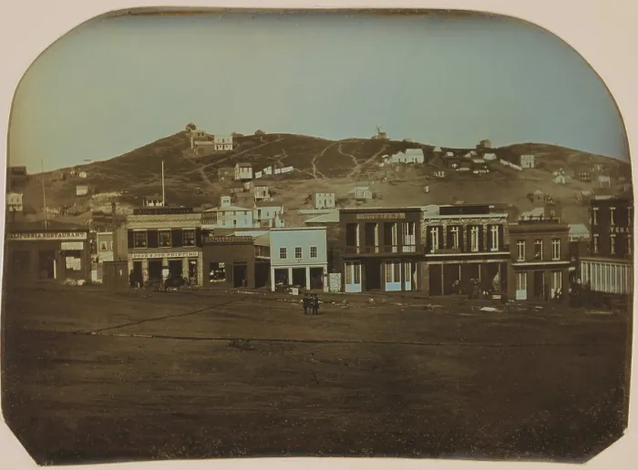 Framed Print : San Francisco, California in 1851. Daguerreotype of Portsmouth Square with restaurants and shops