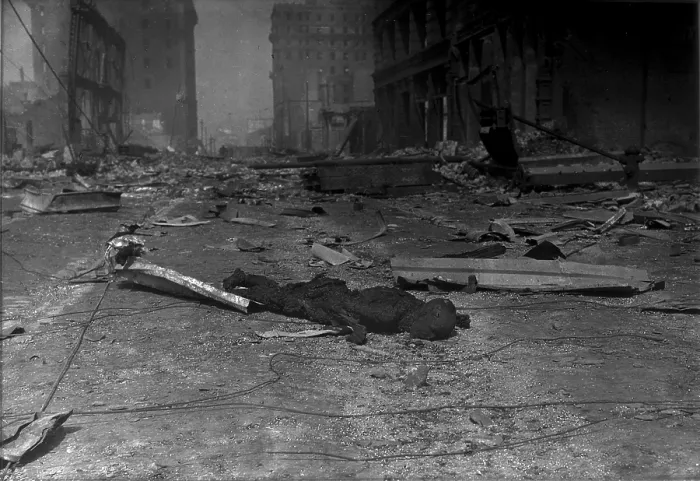 Framed Print : San Francisco, charred corpse of a victim of the 1906 earthquake and fire, California, photograph by Arnold Genthe, April, 1906