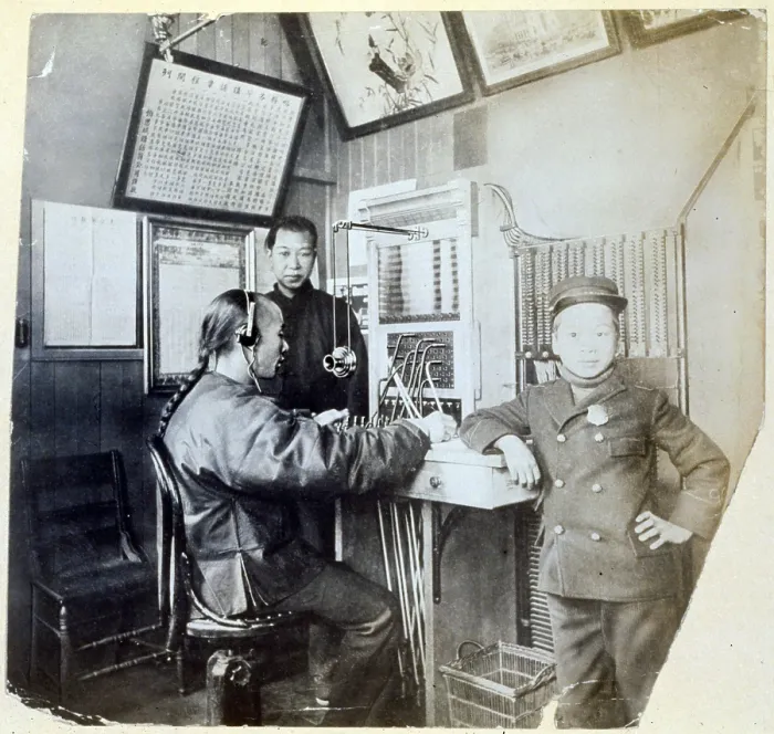 Framed Print : San Francisco, The First Chinese telephone operator in Chinatown, circa 1900-1930