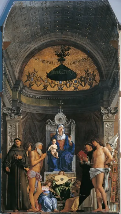 Framed Print : San Giobbe Altarpiece (Virgin Enthroned with the Child, with Sts Francis, John the Baptist, Job, Dominic, Sebastian, Louis of Toulouse and musicanti angels), by Giovanni Bellini