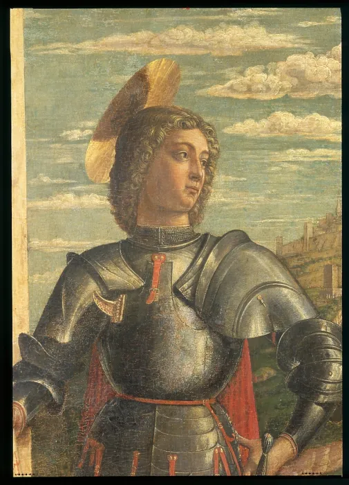 Framed Print : San Giorgio, by Andrea Mantegna, 1467 - 1475 about, 15th Century, tempera on panel, cm 66 x 32 - Italy, Veneto, Venice, Accademia Art Galleries. Detail Framed Print : San Giorgio, by Andrea Mantegna, 1467 - 1475 about, 15th Century, tempera on panel, cm 66 x 32 - Italy, Veneto, Venice, Accademia Art Galleries. Detail