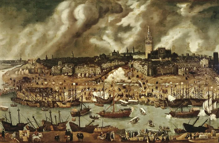Framed Print : SANCHEZ COELLO, Alonso (1531-1588). The Port of Sevilla. end 16th c. Detail. Renaissance art. Oil on canvas. SPAIN. Madrid. America's Museum