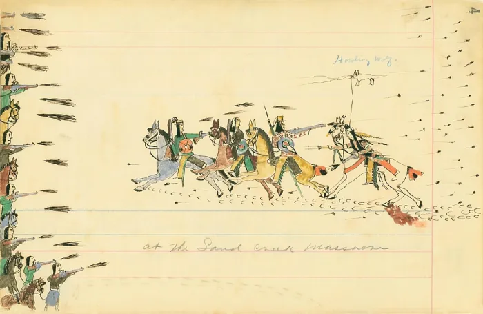 Framed Print : AT THE SAND CREEK MASSACRE, 1874 drawing by Howling Wolf. He was 15 year old when he witnessed the Sand Creek Massacre on Nov. 29, 1864