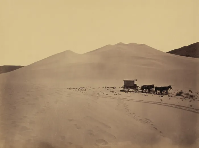 Framed Print : SAND DUNES, CARSON DESERT, NEVADA. This wagon carried photographer Timothy O'Sullivan's cumbersome and fragile photographic equipment into the western territories