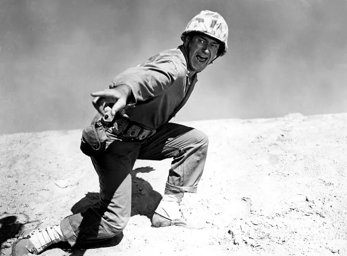Framed Print : SANDS OF IWO JIMA, John Wayne, 1949, barking orders in battle