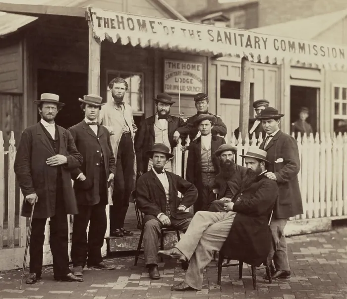 Framed Print : Sanitary Commission workers at the entrance of the Home Lodge, in Washington, DC, during the US Civil War, 1861-65. George Templeton Strong (far left) was one of its founders Framed Print : Sanitary Commission workers at the entrance of the Home Lodge, in Washington, DC, during the US Civil War, 1861-65. George Templeton Strong (far left) was one of its founders