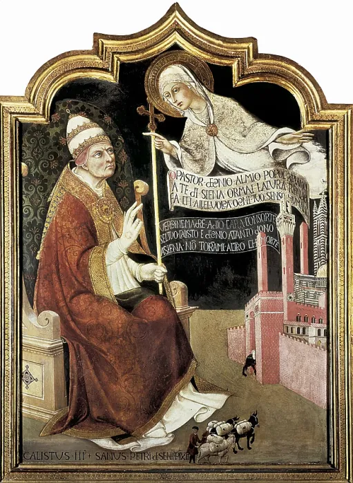 Framed Print : SANO di PIETRO, Ansano di Pietro di Mencio, called (1406-1481). The Virgin Recommending Siena to Pope Calixtus III. 1450s. Renaissance art. Quattrocento. Oil on wood. ITALY