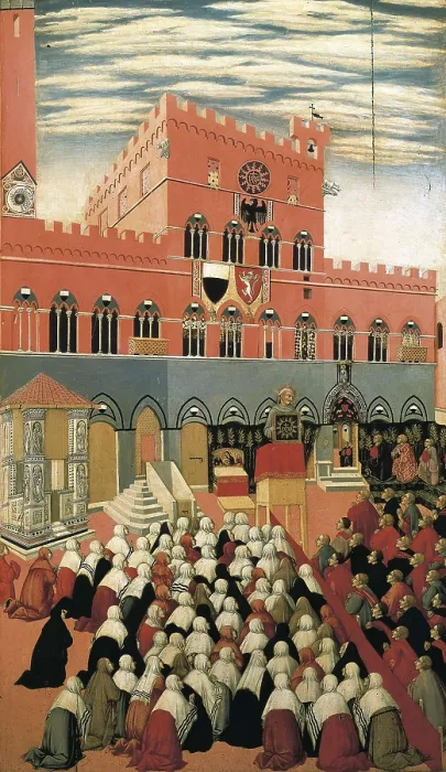 Framed Print : SANO di PIETRO, Ansano di Pietro di Mencio, called (1406-1481). St Bernardino Preaching in the Campo. 1445. Renaissance art. Quattrocento. Oil on wood. ITALY. Siena Framed Print : SANO di PIETRO, Ansano di Pietro di Mencio, called (1406-1481). St Bernardino Preaching in the Campo. 1445. Renaissance art. Quattrocento. Oil on wood. ITALY. Siena