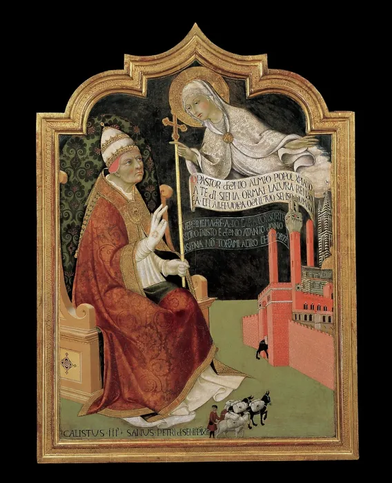 Framed Print : Sano di Pietro, The Virgin Mary Appears to Pope Callixtus III, 15th Century, panel, Italy, Tuscany, Siena