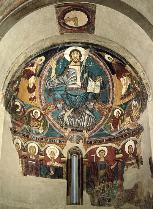 Framed Print : SANT CLIMENT DE TAULL, Master of (12th century). Church of Sant Climent in TaUll. Paintings in the central apse. c. 1123. Romanesque art. Fresco. SPAIN. Barcelona