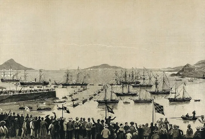 Framed Print : Santa Cruz de la Palma. The port on 16th November 1883. View of the ships trasporting telepgraphic wire on the occasion of its inauguration. Engraving