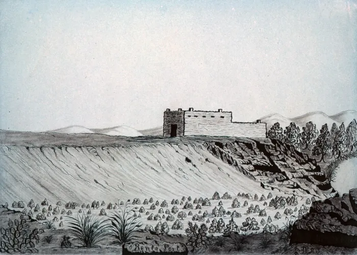 Framed Print : The Santa Fe Trail. Bent's Fort, Daniel Jenks, color drawing, 1859