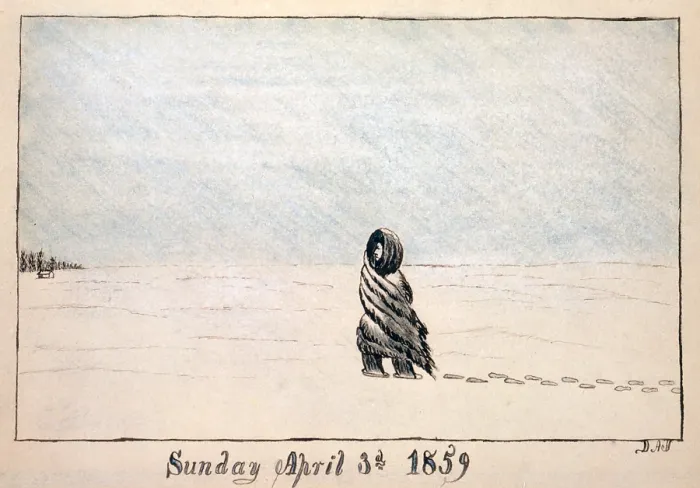 Framed Print : The Santa Fe Trail. A pioneer struggles through heavy snow on the Great Plains. Daniel Jenks, color drawing, 1859