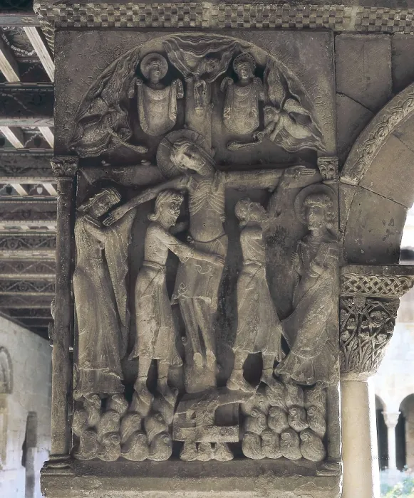 Framed Print : SANTO DOMINGO DE SILOS, Master of (12th century). Descent. 12th c. SPAIN. Santo Domingo de Silos. Monastery of Santo Domingo (St. Dominic). Romanesque art. Relief on rock