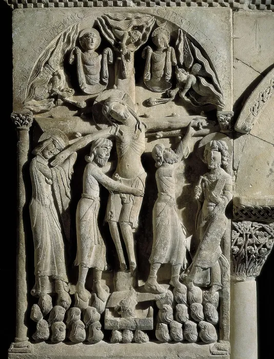 Framed Print : SANTO DOMINGO DE SILOS, Master of (12th century). Descent. 12th c. SPAIN. Santo Domingo de Silos. Monastery of Santo Domingo (St. Dominic). Romanesque art. Relief on rock