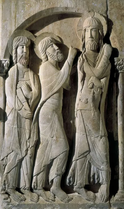 Framed Print : SANTO DOMINGO DE SILOS, Master of (12th century). Christ and the Pilgrims of Emmaus. 12th c. SPAIN. Santo Domingo de Silos. Monastery of Santo Domingo (St. Dominic)