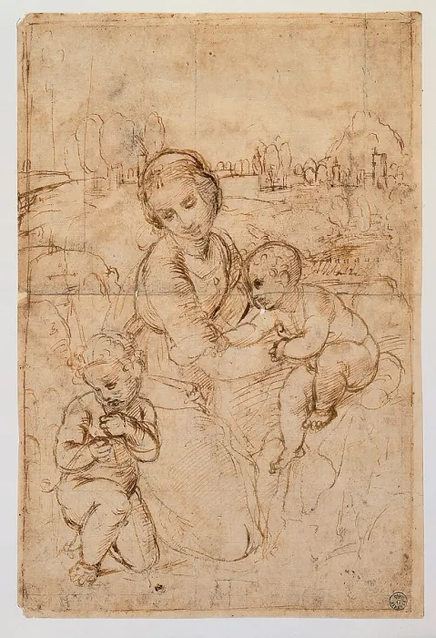 Framed Print : Sanzio Raffaello, Madonna and Child with the Young St John, 1483 - 1520, 15th Century, black pencil, paper, Italy, Tuscany, Florence, Uffizi Gallery, Drawings and Prints Cabinet