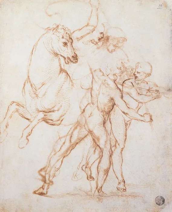Framed Print : Sanzio Raffaello, A Warrior Riding a Horse and Fighting against Two Nude Standing Figures, 1505, 16th Century, pen and brown ink, traces of fountain pen on yellow paper, Italy Framed Print : Sanzio Raffaello, A Warrior Riding a Horse and Fighting against Two Nude Standing Figures, 1505, 16th Century, pen and brown ink, traces of fountain pen on yellow paper, Italy