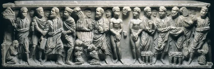 Framed Print : Sarcofagus following a crystalline style (Roman art), 4th c. It was Alfonso III the Great's sarcofagus. From left to right, the scenes are: 1 Framed Print : Sarcofagus following a crystalline style (Roman art), 4th c. It was Alfonso III the Great's sarcofagus. From left to right, the scenes are: 1