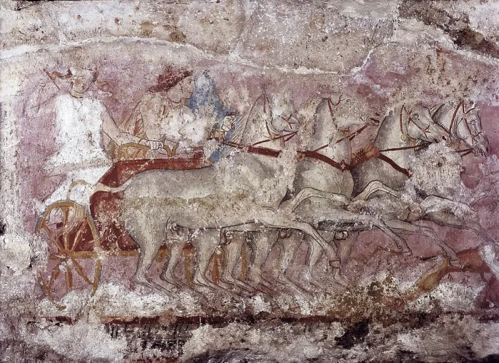 Framed Print : Sarcophagus of the Amazons. 350 -325 BC. Detail with four-in-hand. Etruscan art. Painting. ITALY. Florence. National Museum of Archaeology. Proc: ITALY. Tarquinia
