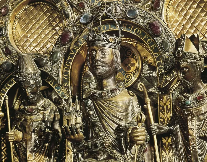 Framed Print : Sarcophagus of Charlemagne. 1165-1215. GERMANY. Aachen. Cathedral. Charlemagne (center) together with Archbishop Turpin (left) and Pope Leo III. Romanesque art. Jewelry